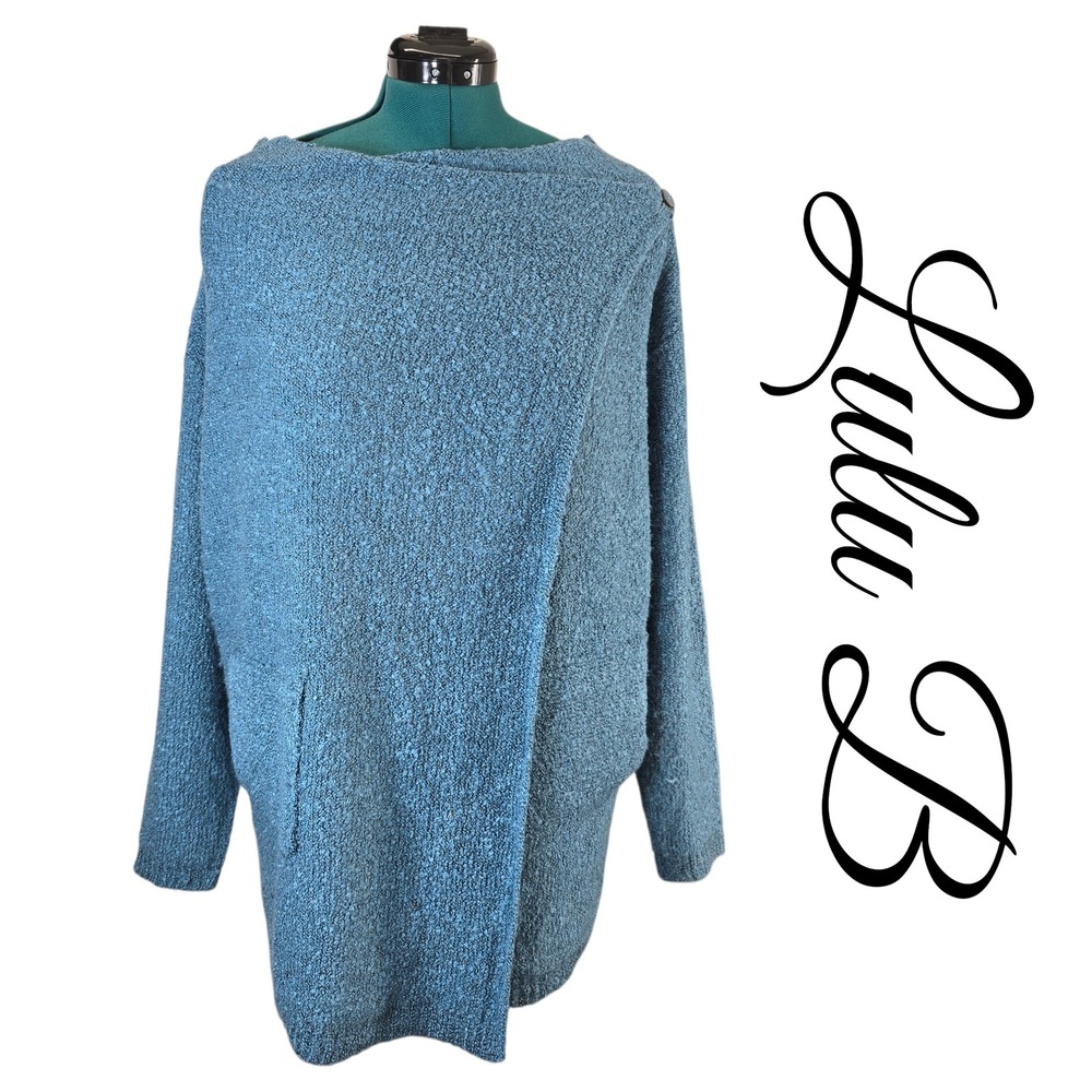 Lulu-B‎ Cardigan Sweater Womens L Blue Acrylic Boucle Asymmetrical Button Pocket
